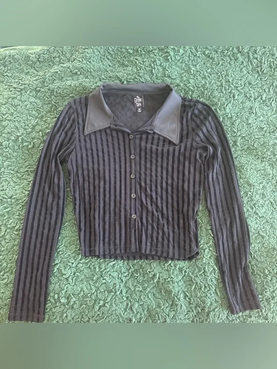 The Grave Girls Black Mesh Striped Button-Up Top - Picture 1 of 3